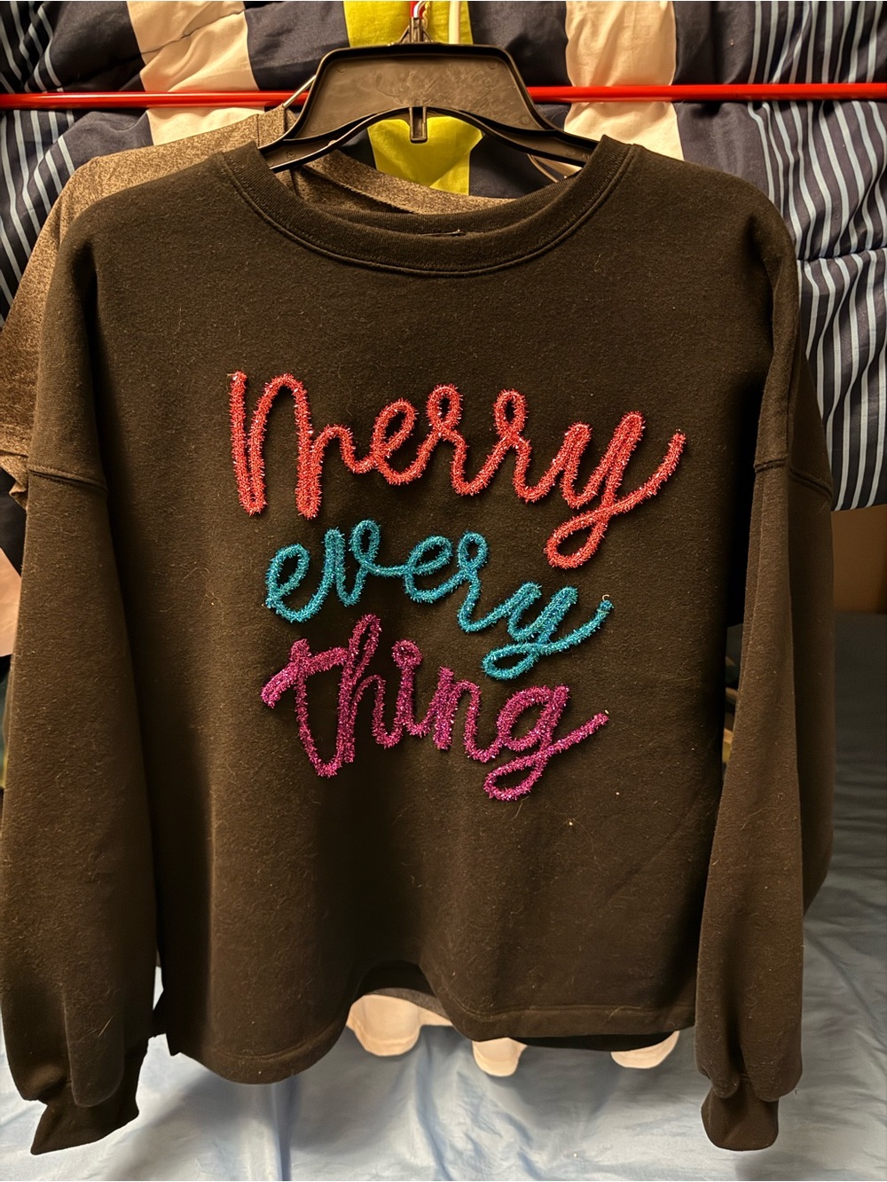 Cozy Black Sweater with Colorful 'Merry Everything' Chenille Script